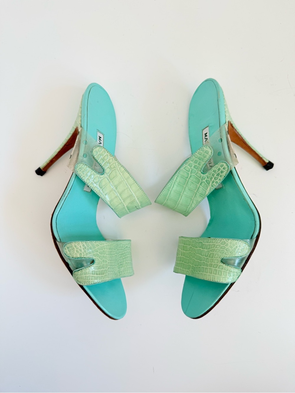 Manolo Blahnik Vintage Y2K Crocodile Clear PVC Stiletto Mules 37.5 Rare - Picture 5 of 12